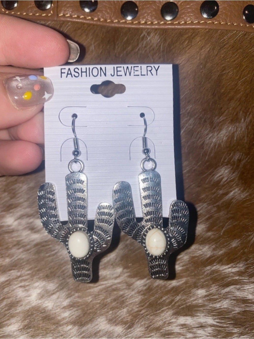 Fashion Jewelry Silver Cactus Earrings with White Stone Accent